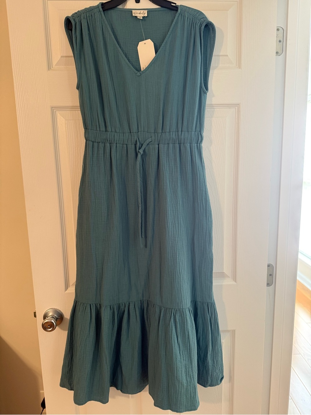 NWT Wonderly Teal V-Neck Tiered Midi Dress